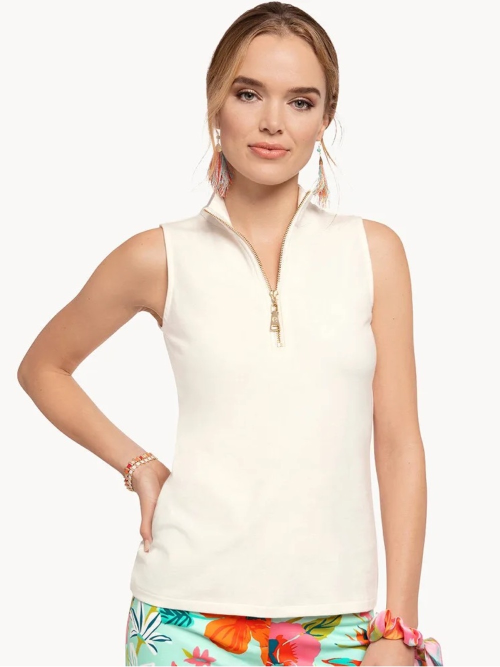 Spartina 449 Serena Half-Zip Top Sleeveless Zip Mock Neck - Textured Cream - M